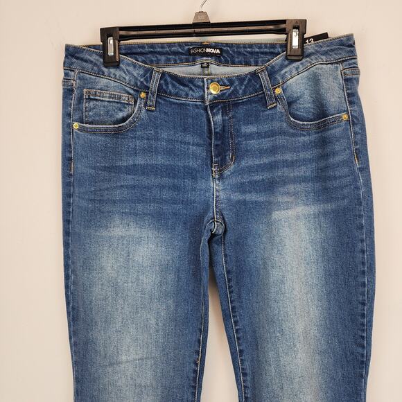 Fashion Nova Flare Bell Bottom Jeans Size 13 32" Blue Mid Rise Distressed Hippie - Picture 3 of 12